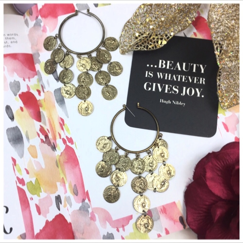 VINTAGE Gold-Brass Hoop Earrings with Jingle Coins